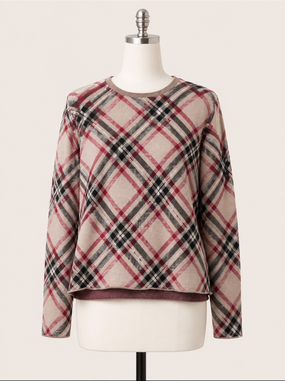 Tahari Beige Plaid Crewneck Sweater with Red and Black Accents